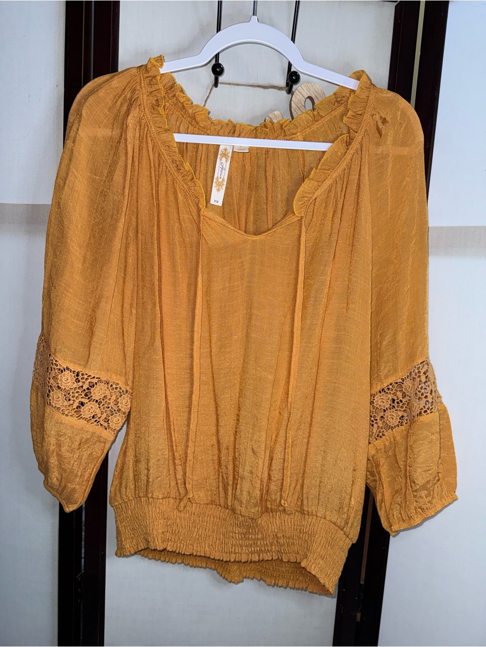 Adiva Mustard Yellow Boho Peasant Blouse with Crochet Sleeves
